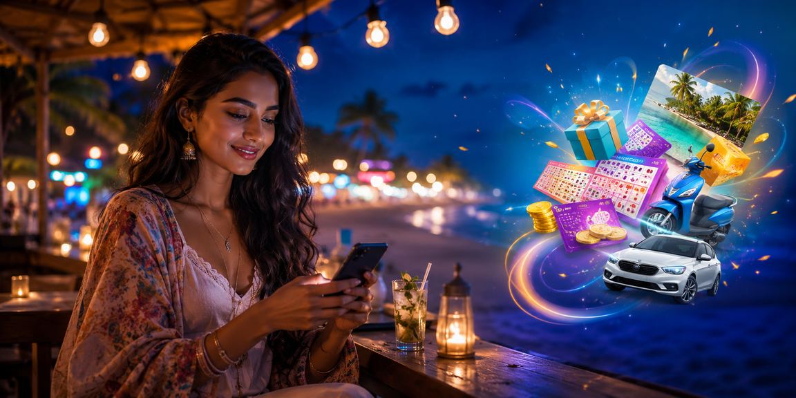 Indian player enjoying Aviator game on mobile at a beach setting